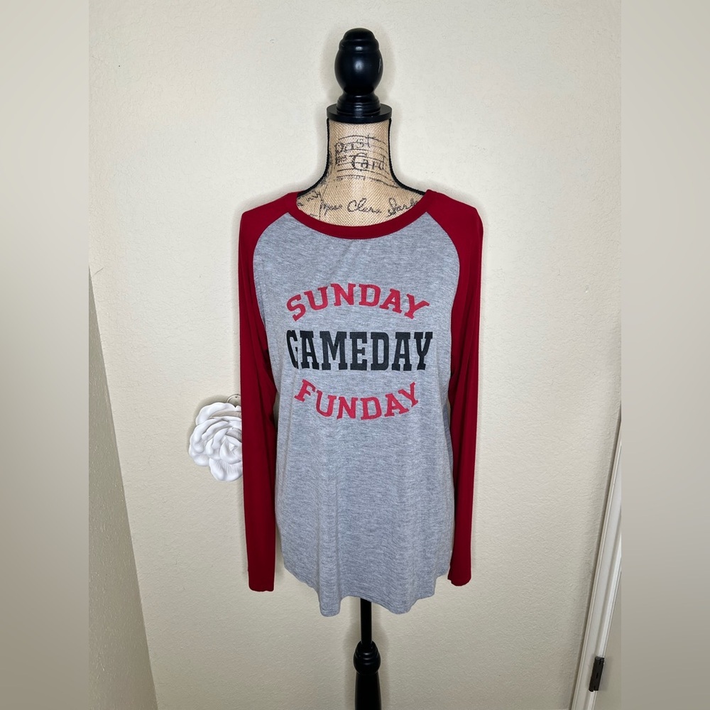 NTM Perfectly Priscilla Sunday Funday Graphic Raglan Tee Red Gray Long Sleeve XL